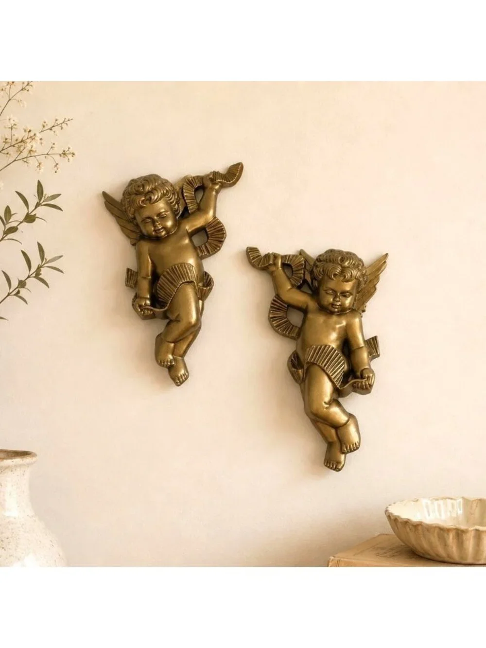 Vintage Burwood Cherub Wall Plaques Set of 2 Regency Gold Angel Hanging Pair